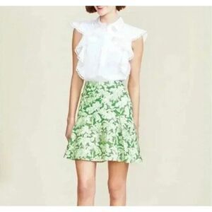Pearl by Lela Rose Mini Skirt Women 8 Green White Floral Poplin Flounce Pleated